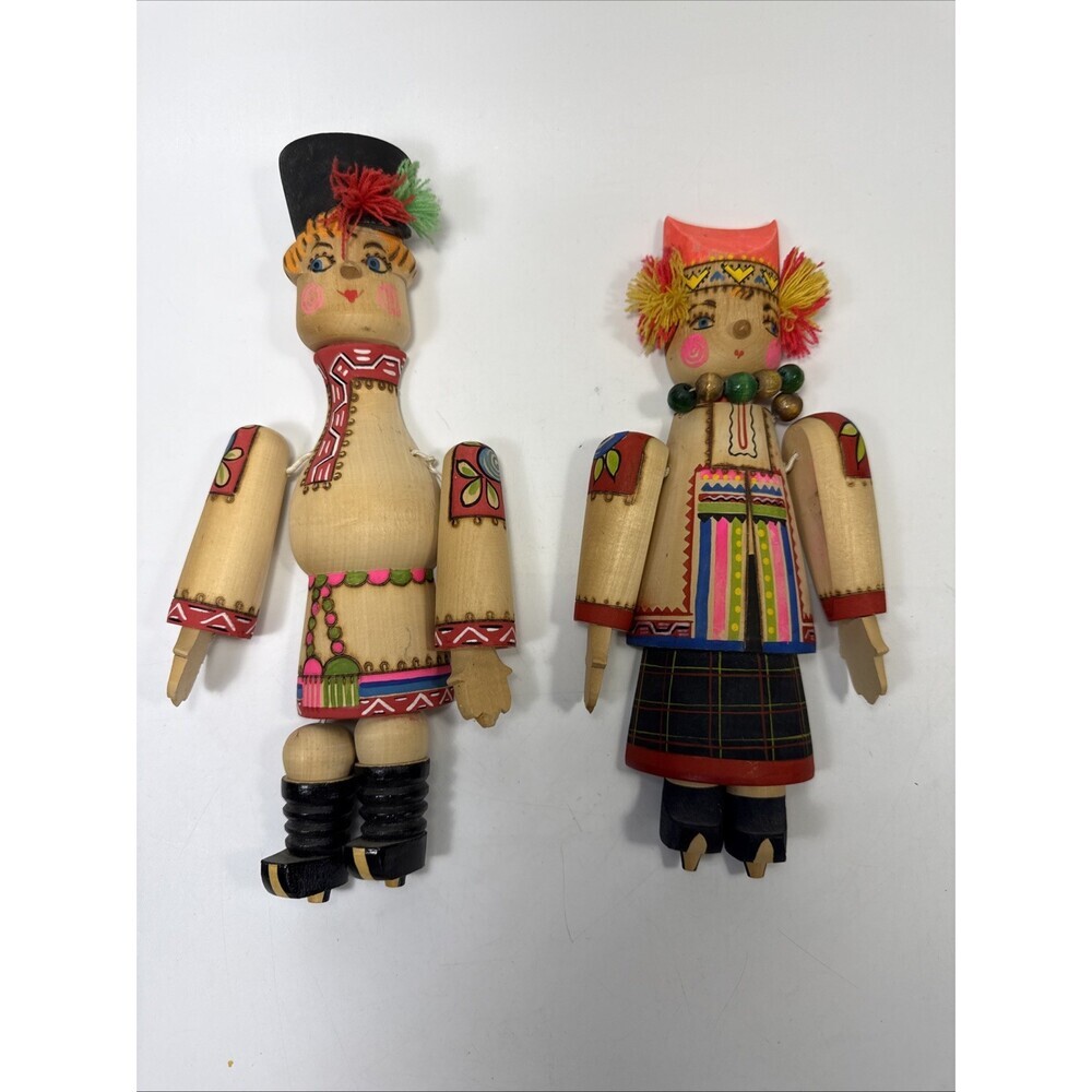 Vtg Russian Folk Art Wall Hanging Jointed Doll Painted Carved Wooden Figure K1